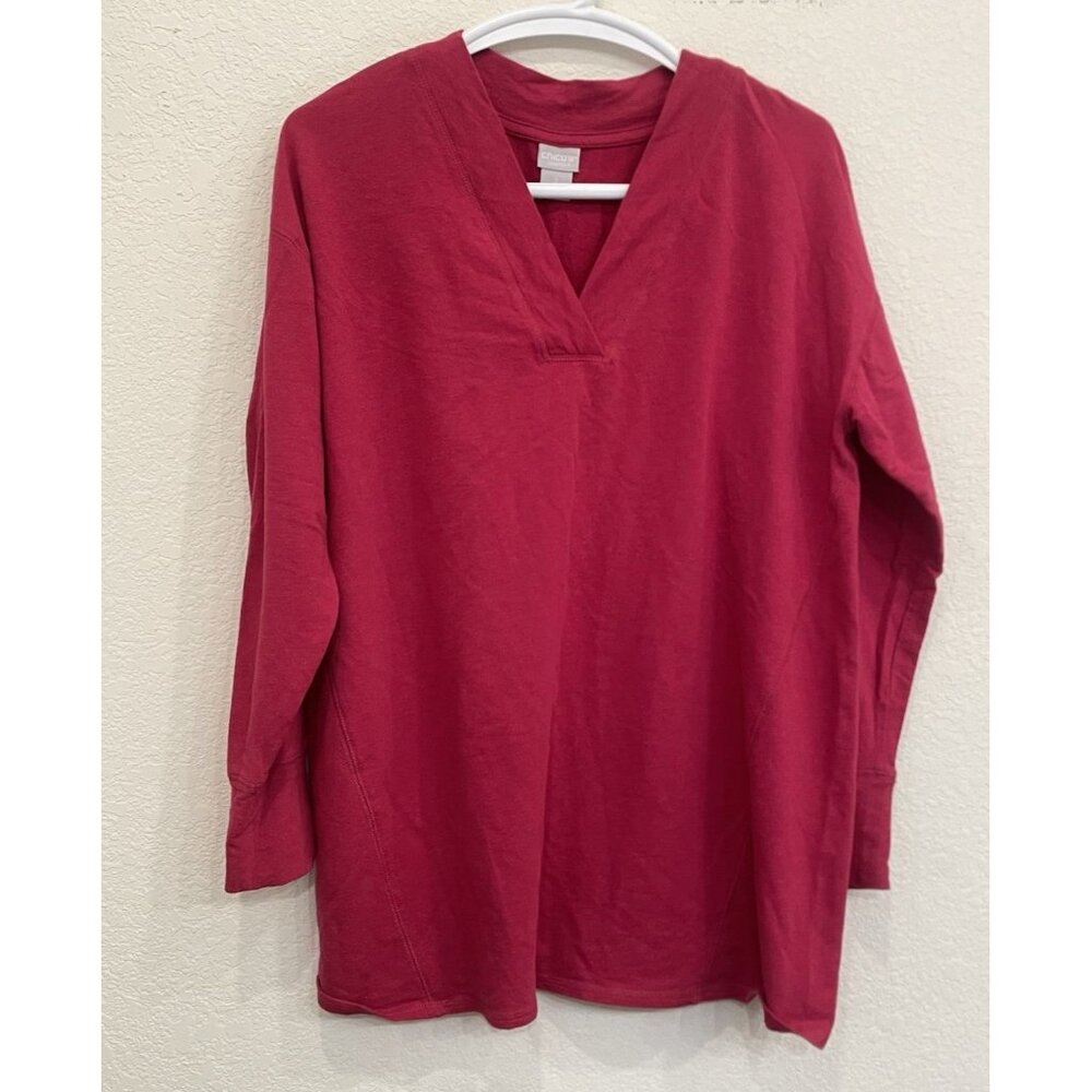Chico's Zenergy Top 2‎ US 12-14 Large Dark Red Long Sleeve Tunic VNeck Shirt